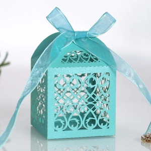Detailed laser-cut vine patterns on Tiffany blue candy box with matching organza ribbon