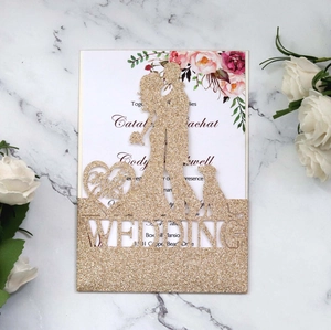 Golden glitter laser cut wedding invitation with Mr & Mrs silhouette and floral insert card
