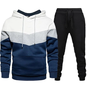 Men's casual tracksuit featuring a tri-color hooded sweatshirt and black slim joggers