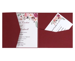 Square burgundy pocket wedding invitation set with floral design and RSVP cards