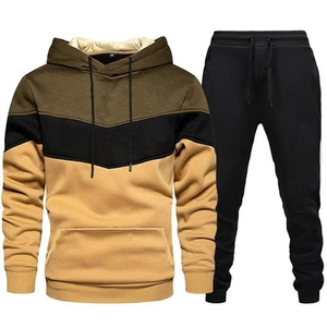 Men's two-piece tracksuit with olive color-block hooded sweatshirt and black sweatpants