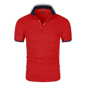 Red men's short-sleeve polo shirt with blue and white striped trim on collar and cuffs