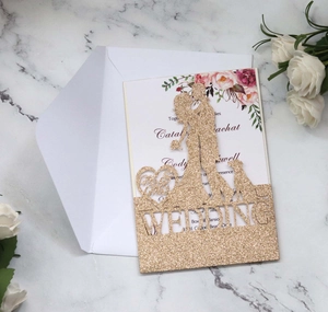 Golden laser cut wedding invitation with Mr & Mrs design and floral inner page set