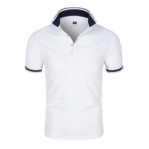 Classic white men's short-sleeve polo shirt with navy contrast collar and striped cuffs