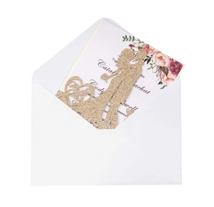 Laser cut gold glitter wedding invitation with Mr & Mrs heart and floral inner card