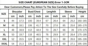 European size chart for the astronaut printed hoodie with detailed garment measurements