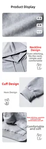 Detailed view of gray hoodie fabric texture, neckline design and durable stitching