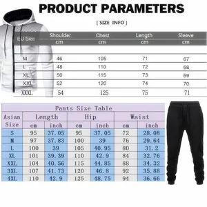 Guide des tailles détaillé pour ensemble de survêtement homme avec mesures EU et Asie