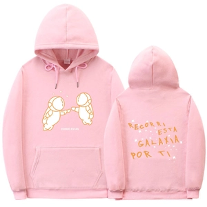 Detailed front and back view of pink hoodie with yellow astronaut prints and Spanish text