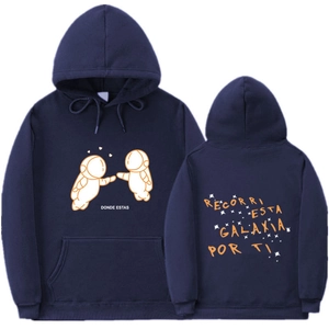 Front and back view of dark blue hoodie with astronaut graphic and space lettering