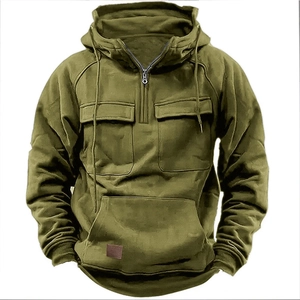 Tactical olive green hoodie featuring dual chest flap pockets and a half-zip high collar
