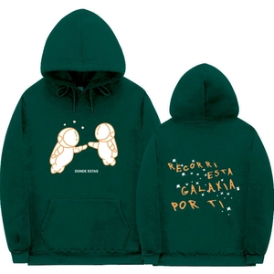 Detail view of dark green astronaut hoodie showing front and back Spanish graphic prints
