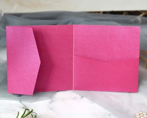 Detail of glitter fuchsia square laser cut wedding invitation pocket with inner V-shape flap