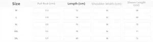 Detailed size chart for men's hooded sweatshirt showing chest, length, and shoulder measures