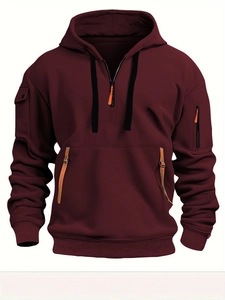 Men's dark red pullover hoodie with multi-pocket design and tactical zipper details