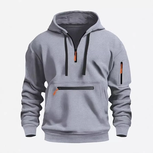 Men's grey hooded sweatshirt with zip pockets and orange accents in a slim fit style