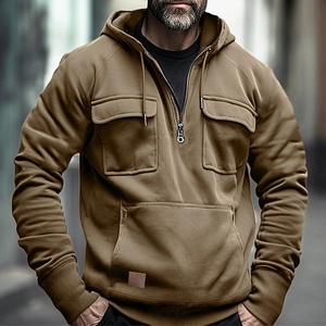 Herren Hoodie in Braun mit mehreren Taschen und Halbreißverschluss im Workwear-Stil