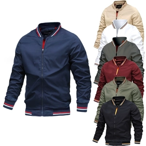 Detail of multi-color lightweight bomber jackets with striped rib knit collars and cuffs