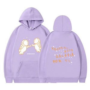 Lavender hoodie showing dual astronaut print and Spanish text on the back detail