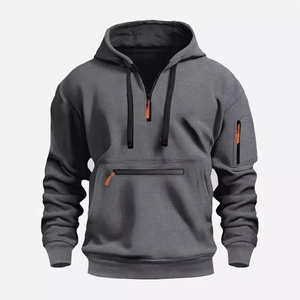 Men's tactical dark grey hoodie with half-zip closure and multiple zipper pockets