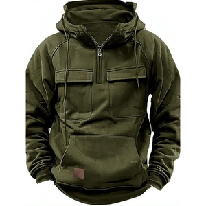 Army green men's hooded workwear sweatshirt with flap pockets and drawstring hood