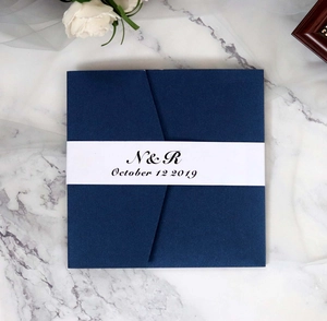 Detail of navy blue textured wedding invitation with custom white N&R belly band