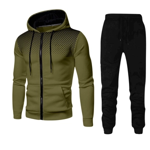 Men's olive green hooded jacket and black joggers set with subtle gradient dots