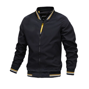Detail of the striped rib-knit collar and brand label on a black bomber jacket