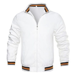 Detail of white bomber jacket with striped rib-knit collar, cuffs and metallic zipper