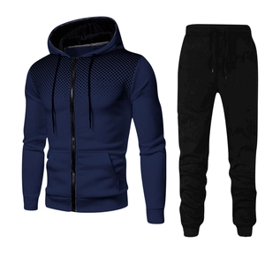 Men's navy blue fleece hooded tracksuit featuring polka dot print and zipper details