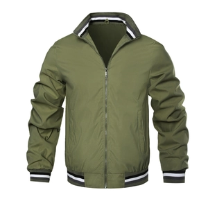 Detail of olive green jacket featuring striped ribbed collar, cuffs and hem with zip closure