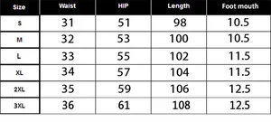 Detailed size chart for men hoodie tracksuit pants showing waist hip and length measurements