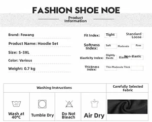 Size chart and fabric details for black fleece tracksuit hoodie set with washing symbols