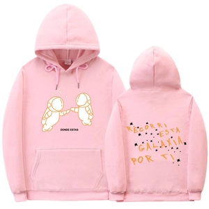 Pink astronaut hoodie with Spanish text graphic showing front kangaroo pocket and back print