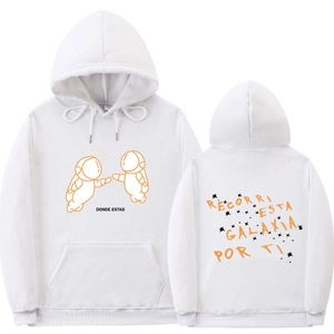 White oversized hoodie with orange astronaut print and Spanish text on front and back