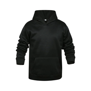 Close-up of the black hoodie detail showing the inner size tag and kangaroo pocket