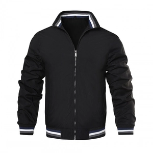Men Casual Bomber Jacket Solid Color Stand Collar Windbreaker Zip Up Coach Jacket With Striped Ribbed Cuffs Outerwear