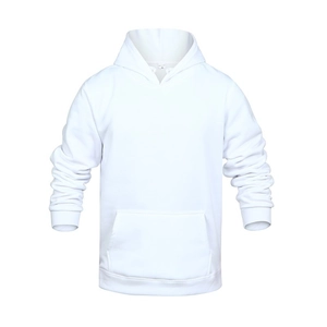 Detail view of white hoodie featuring kangaroo pocket and ribbed cuffs in 3D display