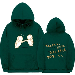 Detailed front and back view of green hoodie with astronaut print and Spanish typography