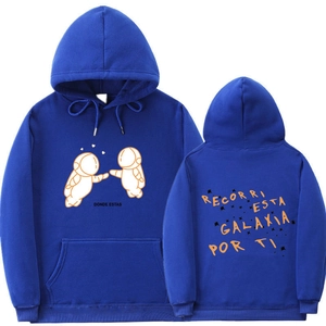 Front and back detail of royal blue hoodie featuring astronaut print and artistic text