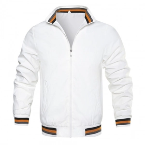 Men's white zip-up jacket with orange and black striped ribbing on a white background
