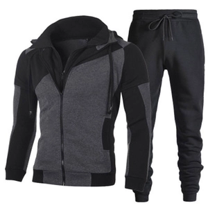 Men's two-piece zipper hoodie and jogger tracksuit in grey and black patchwork design