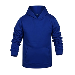 Detailed close-up of dark blue hoodie showing kanga pocket and ribbed cuffs