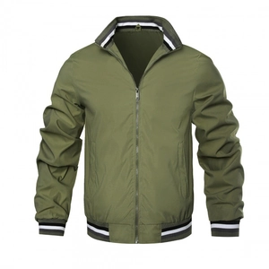 Army green men's bomber jacket with striped ribbed collar and metal zipper closure