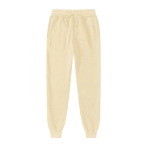 Detailed view of elastic drawstring waistband and ribbed cuffs on fleece joggers