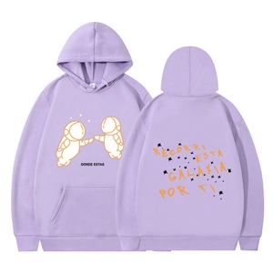 Detailed view of lavender hoodie with cartoon astronauts and Spanish galaxy back print
