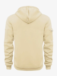 Vue arrière du sweat à capuche beige pour hommes avec poche utilitaire et finitions côtelées