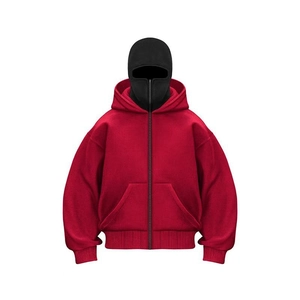 Oversized red double-layered zip-up hoodie with black balaclava in streetwear style