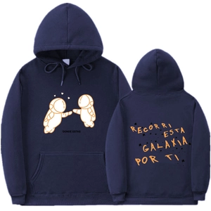 Flat lay of navy hoodie showing astronaut prints on both front and back sides