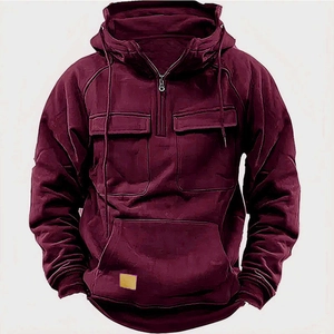 Herren Hoodie mit halbem Reißverschluss in Weinrot mit Pattentaschen und Rippbündchen